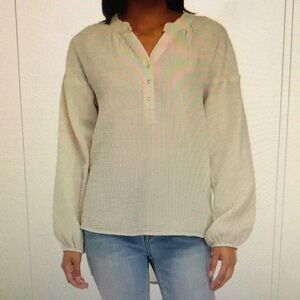 NWT Wonderly XXL Long Sleeve Gauze Popover Woven Top w/Raw Hem Henley Style